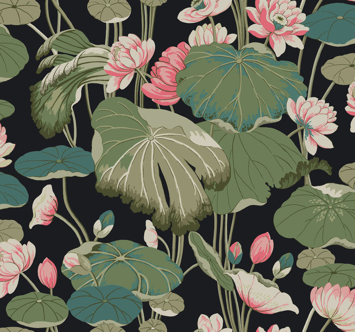 Lotus Pond Black & Pink Wallpaper by York Wallcoverings Greenhouse Covers about 60.8 square feet 27-in by 27-ft long roll Prepasted 25.25 - Fabric Carolina -
