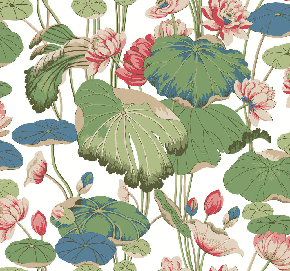 Lotus Pond Green & Pink Wallpaper by York Wallcoverings Greenhouse Covers about 60.8 square feet 27-in by 27-ft long roll Prepasted 25.25 - Fabric Carolina -