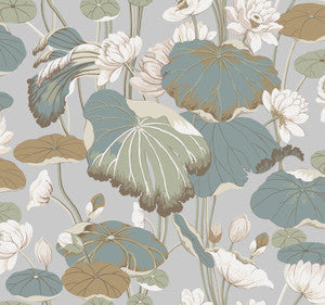 Lotus Pond Grey & Blue Wallpaper by York Wallcoverings