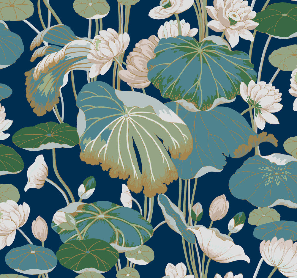Lotus Pond Navy Metallic Wallpaper by York Wallcoverings Greenhouse Covers about 60.8 square feet 27-in by 27-ft long roll Prepasted 25.25 - Fabric Carolina -