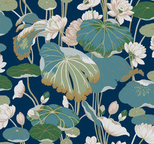 Lotus Pond Navy Metallic Wallpaper by York Wallcoverings