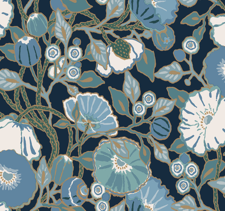Poppies Black & Blue Metallic Wallpaper by York Wallcoverings Greenhouse Covers about 60.8 square feet 27-in by 27-ft long roll Prepasted 25.25 - Fabric Carolina -