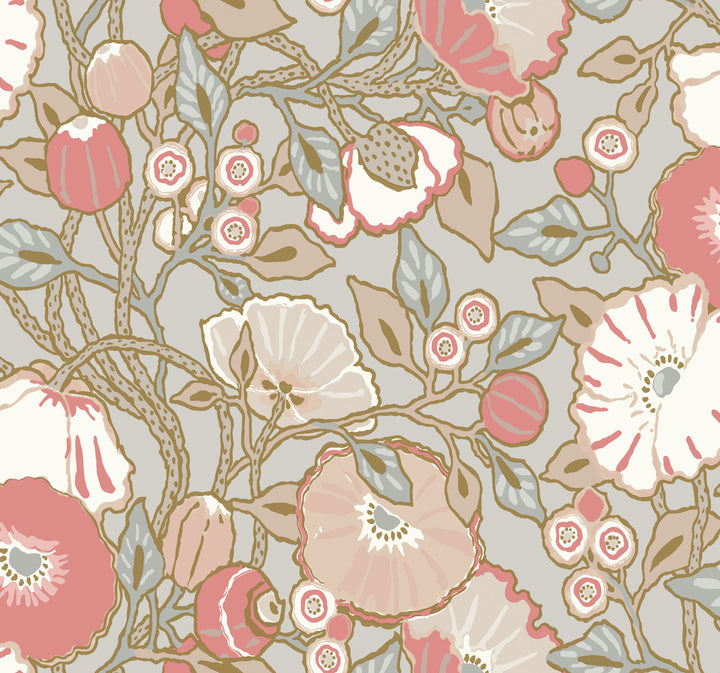 Poppies Grey & Pink Metallic Wallpaper by York Wallcoverings Greenhouse Covers about 60.8 square feet 27-in by 27-ft long roll Prepasted 25.25 - Fabric Carolina -