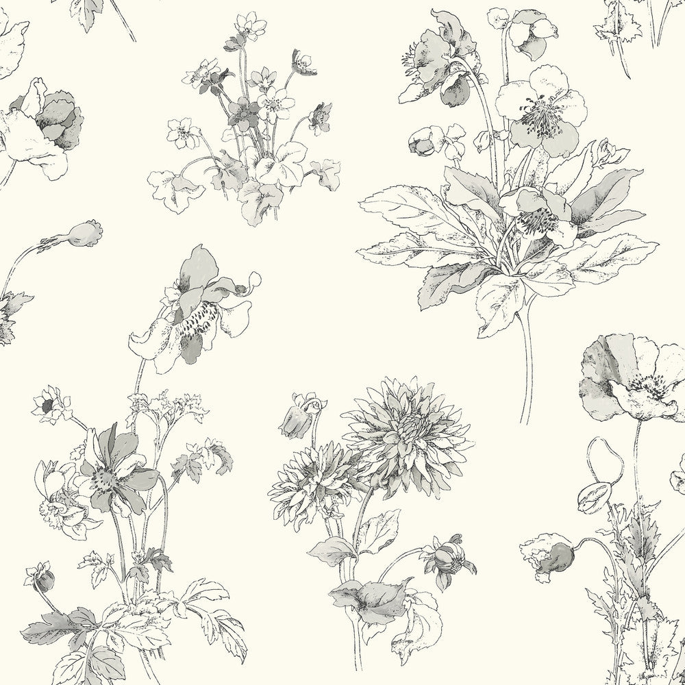 Grey Meadow in Bloom Wallpaper by Inspired by Color Waverly Garden Party Covers about 56.4 square feet 20.5-in by 33-ft long roll Prepasted 20.5 - Fabric Carolina -