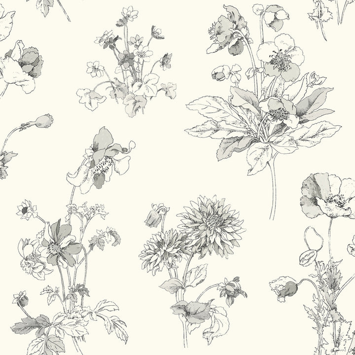 Grey Meadow in Bloom Wallpaper by Inspired by Color Waverly Garden Party Covers about 56.4 square feet 20.5-in by 33-ft long roll Prepasted 20.5 - Fabric Carolina -