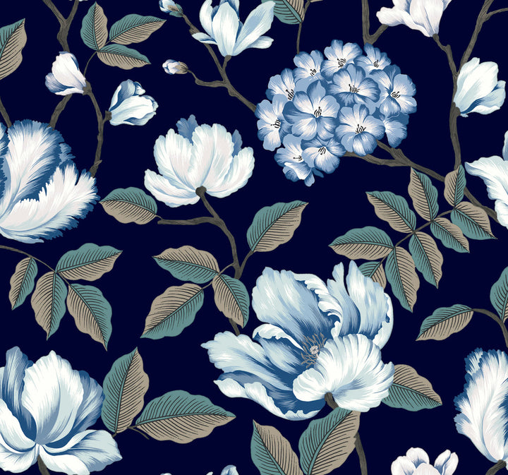 Morning Garden Navy Wallpaper by Inspired by Color Blues II Covers about 60.8 square feet 27-in by 27-ft long roll Prepasted 25.25 - Fabric Carolina -