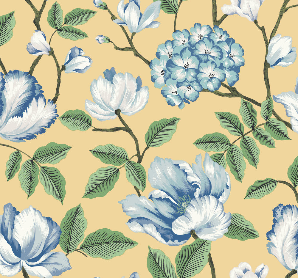 Morning Garden Yellow Wallpaper by York Wallcoverings Grandmillennial Covers about 60.8 square feet 27-in by 27-ft long roll Prepasted 25.25 - Fabric Carolina -