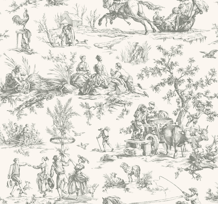 Seasons Toile Grey Wallpaper by York Wallcoverings Grandmillennial Covers about 60.8 square feet 27-in by 27-ft long roll Prepasted 25.25 - Fabric Carolina -