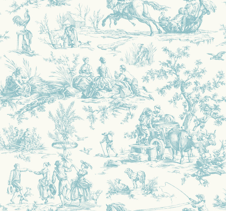Seasons Toile Teal Wallpaper by York Wallcoverings Grandmillennial Covers about 60.8 square feet 27-in by 27-ft long roll Prepasted 25.25 - Fabric Carolina -