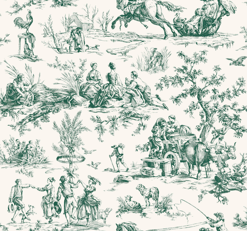 Seasons Toile Dark Green Wallpaper by York Wallcoverings Grandmillennial Covers about 60.8 square feet 27-in by 27-ft long roll Prepasted 25.25 - Fabric Carolina -