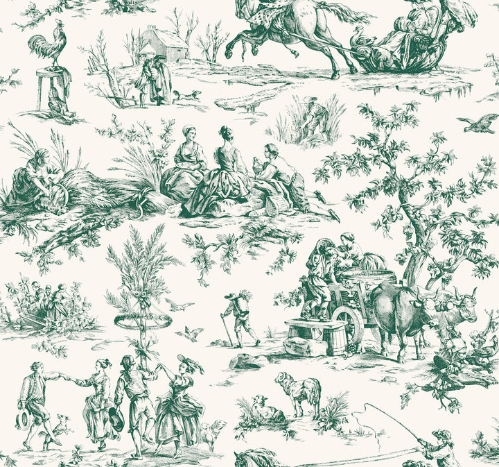 Seasons Toile Dark Green Wallpaper by York Wallcoverings Grandmillennial Covers about 60.8 square feet 27-in by 27-ft long roll Prepasted 25.25 - Fabric Carolina -