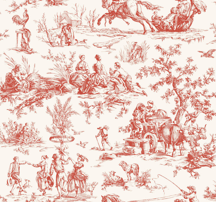 Seasons Toile Scarlet Wallpaper by York Wallcoverings Toile Resource Library Covers about 60.8 square feet 27-in by 27-ft long roll Prepasted 25.25 - Fabric Carolina -