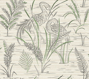 Fernwater Cranes Black & Green Wallpaper by York Wallcoverings