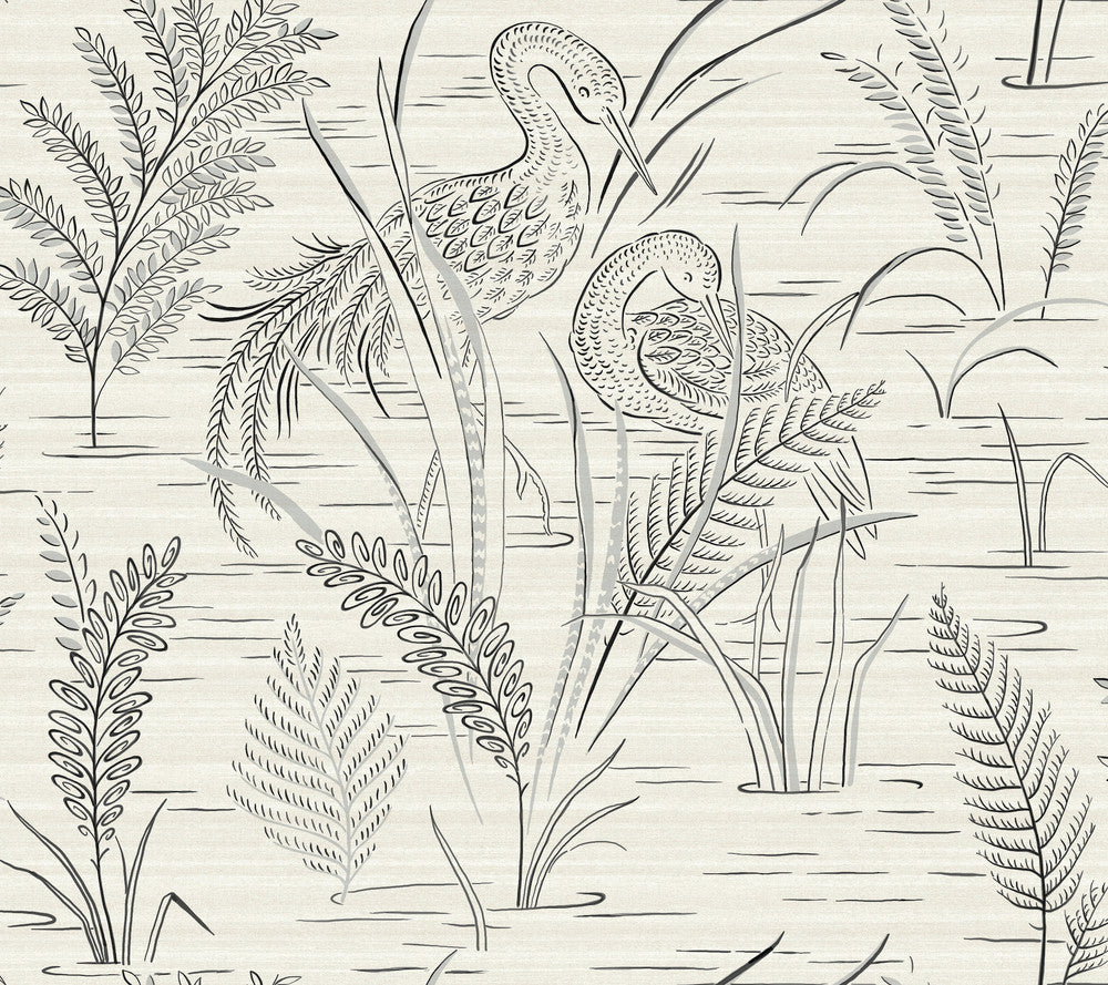 Fernwater Cranes Black & Grey Wallpaper by York Wallcoverings Grandmillennial Covers about 60.8 square feet 27-in by 27-ft long roll Prepasted 24 - Fabric Carolina -