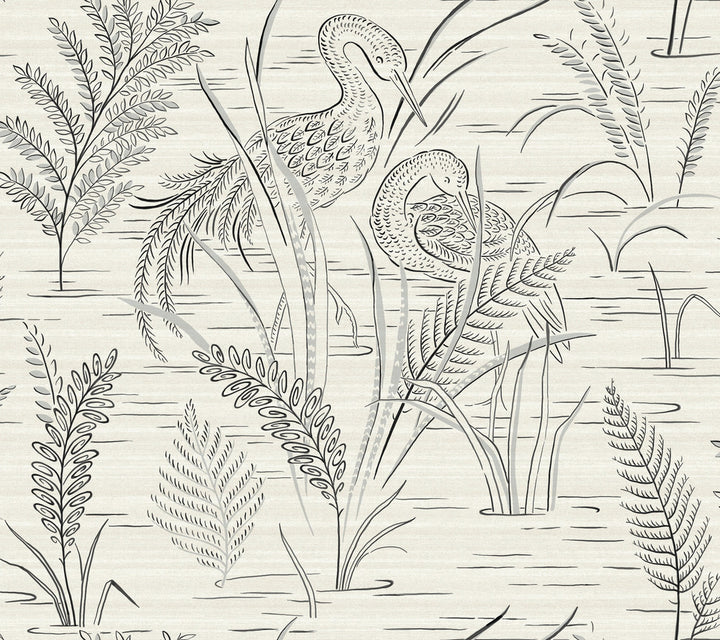 Fernwater Cranes Black & Grey Wallpaper by York Wallcoverings Grandmillennial Covers about 60.8 square feet 27-in by 27-ft long roll Prepasted 24 - Fabric Carolina -