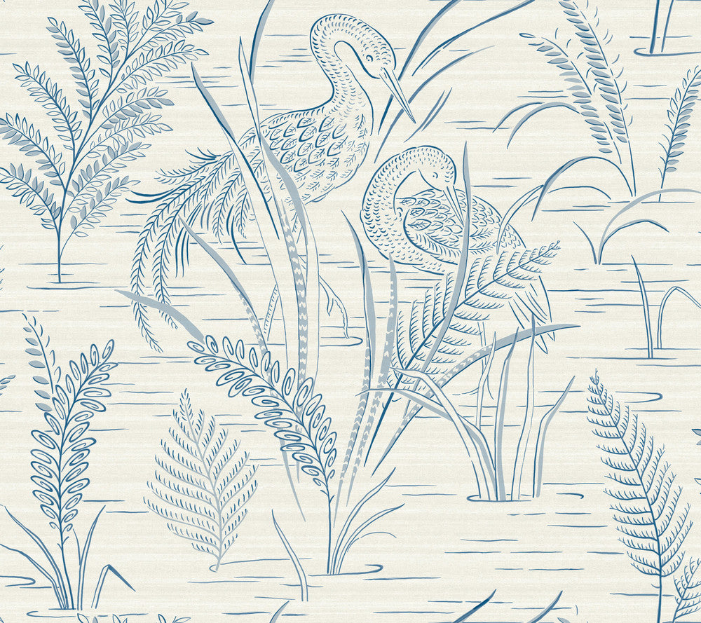 Fernwater Cranes Blue Wallpaper by York Wallcoverings Grandmillennial Covers about 60.8 square feet 27-in by 27-ft long roll Prepasted 24 - Fabric Carolina -