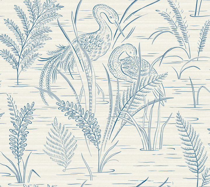 Fernwater Cranes Blue Wallpaper by York Wallcoverings Grandmillennial Covers about 60.8 square feet 27-in by 27-ft long roll Prepasted 24 - Fabric Carolina -