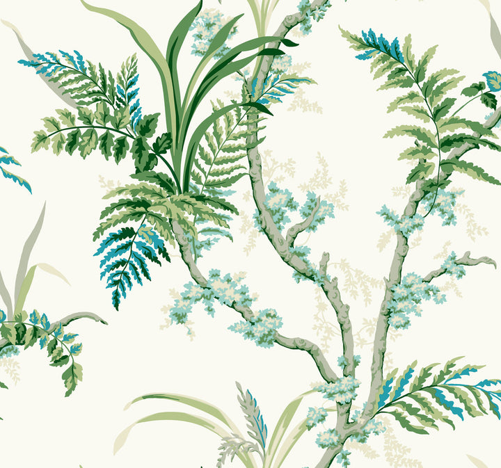 Enchanted Fern Blue & Green Wallpaper by York Wallcoverings Grandmillennial Covers about 60.8 square feet 27-in by 27-ft long roll Prepasted 25.25 - Fabric Carolina -