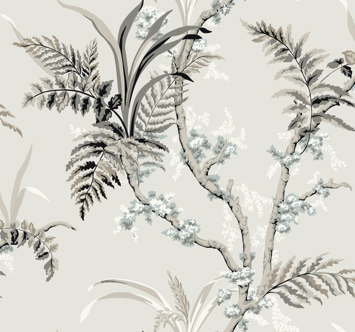 Enchanted Fern Grey & Beige Wallpaper by York Wallcoverings Grandmillennial Covers about 60.8 square feet 27-in by 27-ft long roll Prepasted 25.25 - Fabric Carolina -