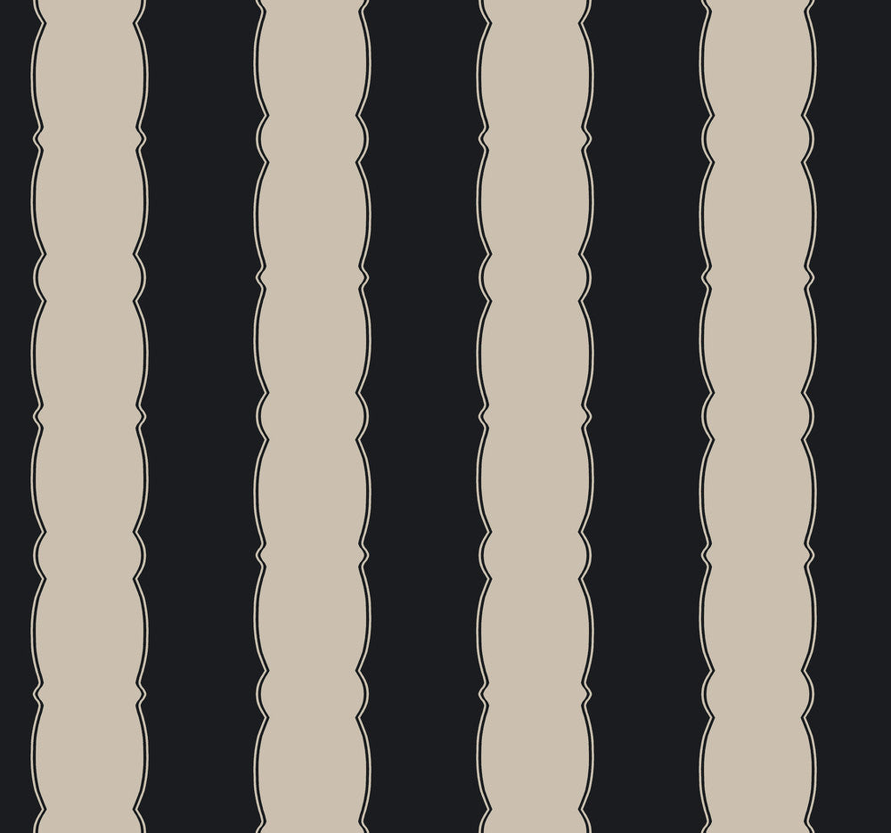 Scalloped Stripe Black Wallpaper by York Wallcoverings Grandmillennial Covers about 60.8 square feet 27-in by 27-ft long roll Prepasted 25.25 - Fabric Carolina -