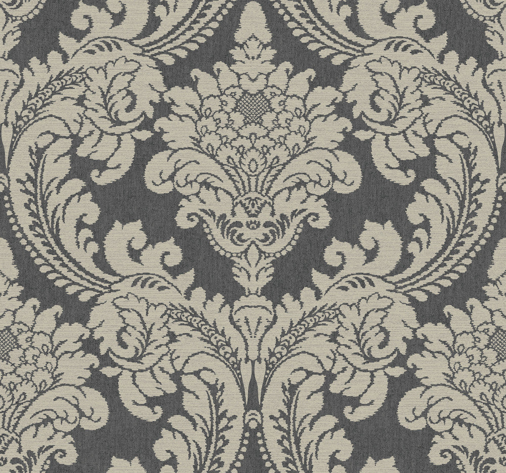 Tapestry Damask Dark Grey Wallpaper by York Wallcoverings Grandmillennial Covers about 60.8 square feet 27-in by 27-ft long roll Prepasted 25.25 - Fabric Carolina -