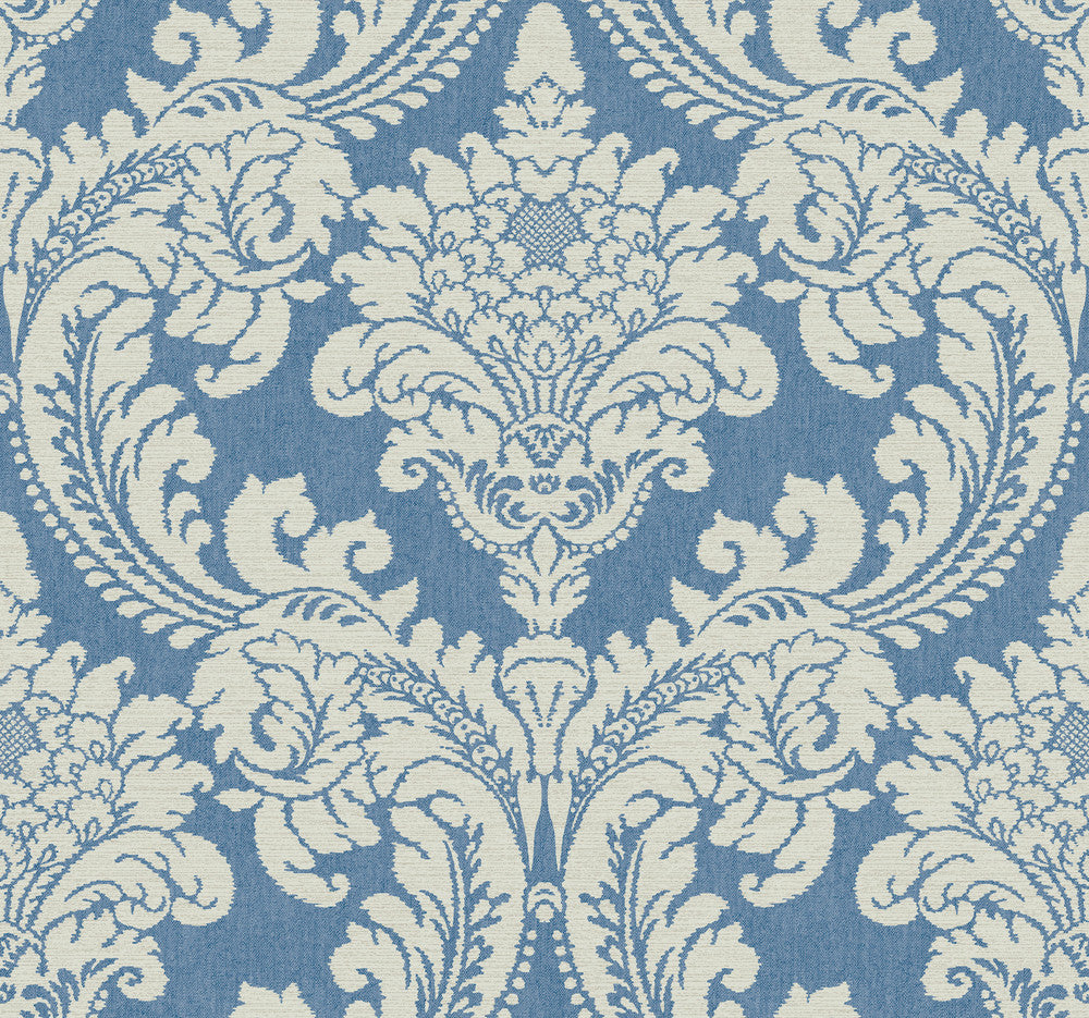 Tapestry Damask Blue Wallpaper by York Wallcoverings Grandmillennial Covers about 60.8 square feet 27-in by 27-ft long roll Prepasted 25.25 - Fabric Carolina -