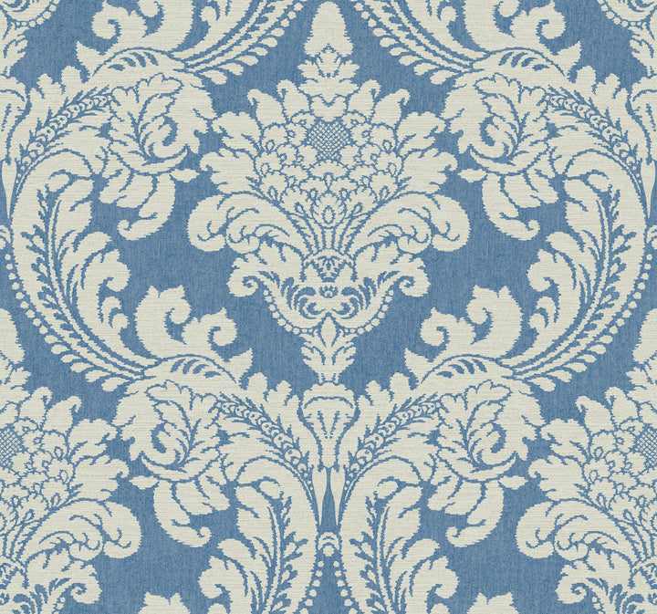 Tapestry Damask Blue Wallpaper by York Wallcoverings Grandmillennial Covers about 60.8 square feet 27-in by 27-ft long roll Prepasted 25.25 - Fabric Carolina -