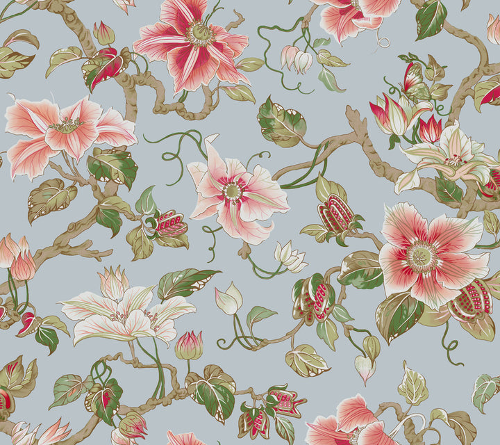 Marguerite Vine Blue Wallpaper by Ronald Redding Classics Covers about 60.8 square feet 27-in by 27-ft long roll Unpasted 24 - Fabric Carolina -