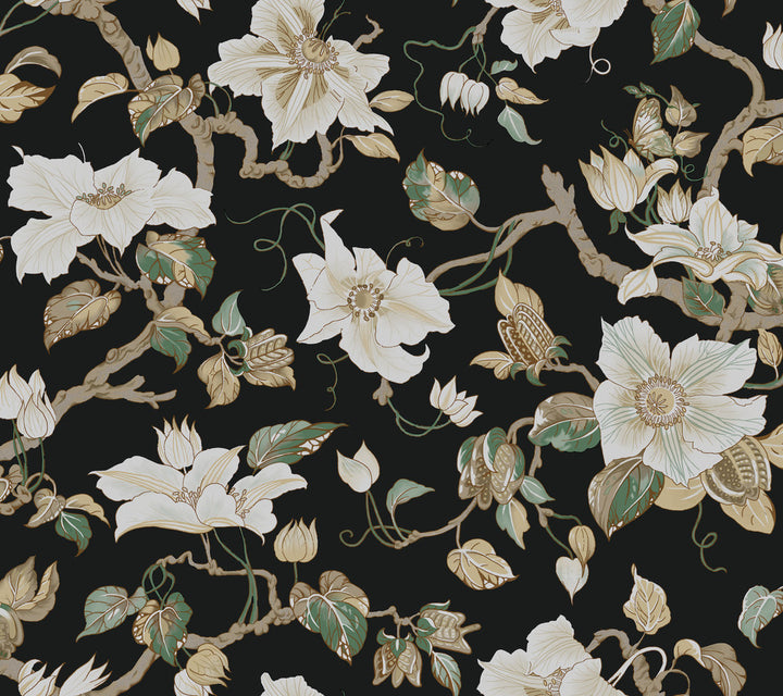 Marguerite Vine Black Wallpaper by Ronald Redding Classics Covers about 60.8 square feet 27-in by 27-ft long roll Unpasted 24 - Fabric Carolina -
