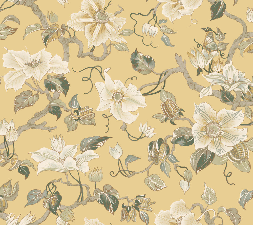 Marguerite Vine Yellow Wallpaper by Ronald Redding Classics Covers about 60.8 square feet 27-in by 27-ft long roll Unpasted 24 - Fabric Carolina -