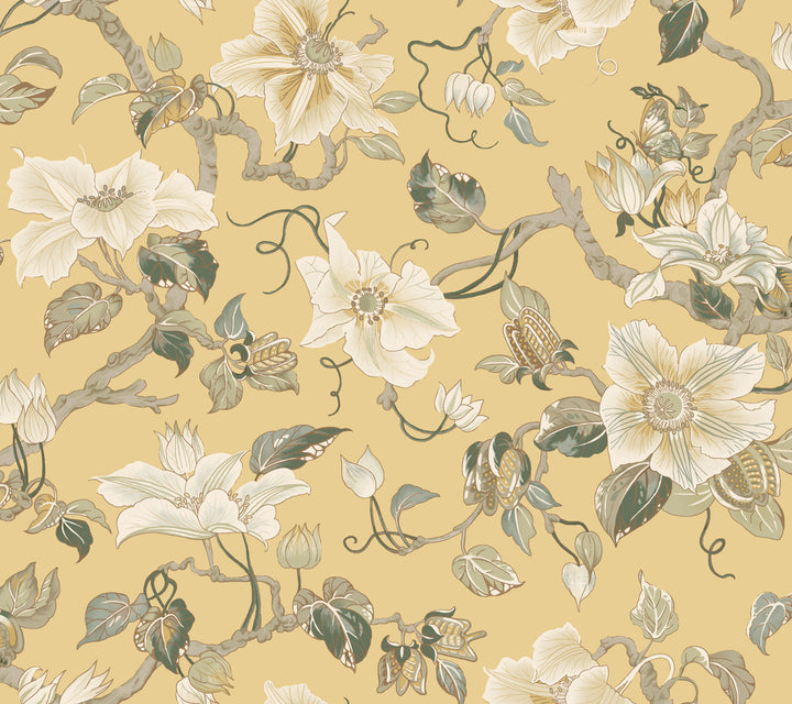 Marguerite Vine Yellow Wallpaper by Ronald Redding Classics Covers about 60.8 square feet 27-in by 27-ft long roll Unpasted 24 - Fabric Carolina -