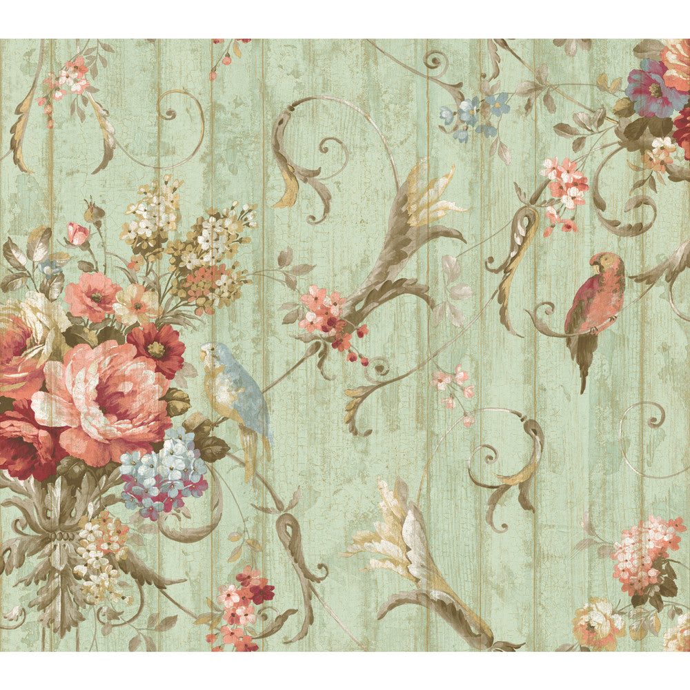 Parrots with Floral Bouquets Blue Wallpaper by York Wallcoverings Blue Book Covers about 60.8 square feet 27-in by 27-ft long roll Prepasted 0 - Fabric Carolina -