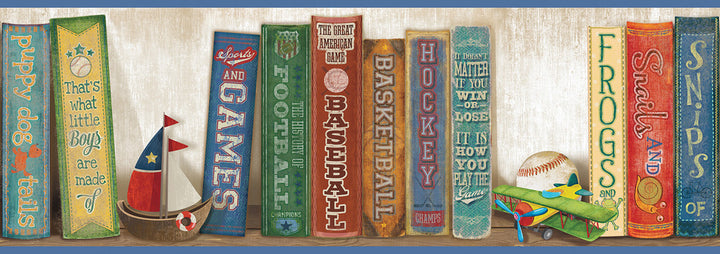 Stevie Blue Play the Game Bookshelf Wallpaper by Chesapeake Hide And Seek Covers about 7.5 square feet 6-in by 15-ft long roll Prepasted 0 - Fabric Carolina -