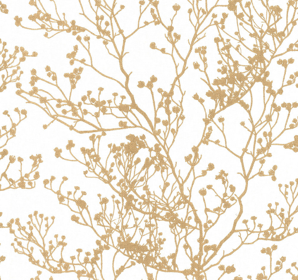 Budding Branch Silhouette White & Gold Wallpaper by Ronald Redding Handcrafted Naturals Covers about 60.8 square feet 27-in by 27-ft long roll Unpasted 25.25 - Fabric Carolina -