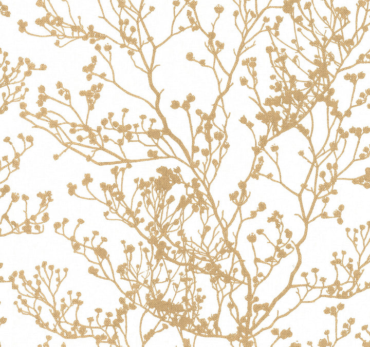 Budding Branch Silhouette White & Gold Wallpaper by Ronald Redding Handcrafted Naturals Covers about 60.8 square feet 27-in by 27-ft long roll Unpasted 25.25 - Fabric Carolina -