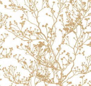 Budding Branch Silhouette White & Gold Wallpaper by Ronald Redding