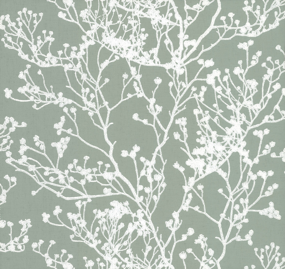 Budding Branch Silhouette Green Wallpaper by Ronald Redding Handcrafted Naturals Covers about 60.8 square feet 27-in by 27-ft long roll Unpasted 25.25 - Fabric Carolina -