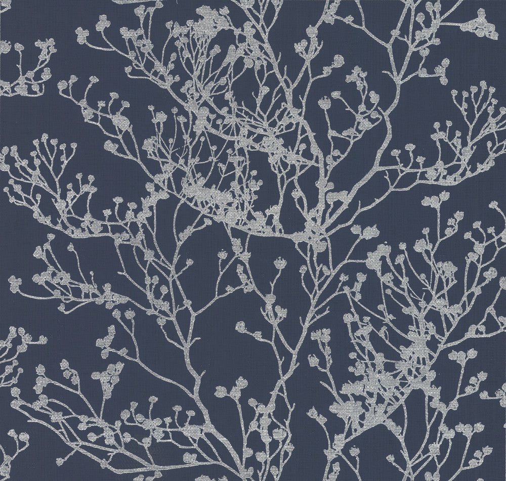 Budding Branch Silhouette Navy Wallpaper by Ronald Redding Handcrafted Naturals Covers about 60.8 square feet 27-in by 27-ft long roll Unpasted 25.25 - Fabric Carolina -