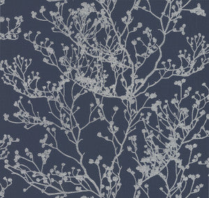 Budding Branch Silhouette Navy Wallpaper by Ronald Redding