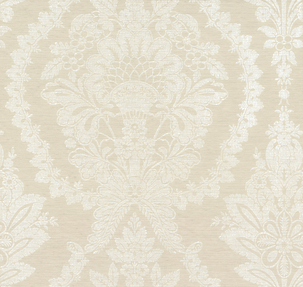 Heritage Damask Beige & White Wallpaper by Ronald Redding Handcrafted Naturals Covers about 60.8 square feet 27-in by 27-ft long roll Unpasted 25.25 - Fabric Carolina -