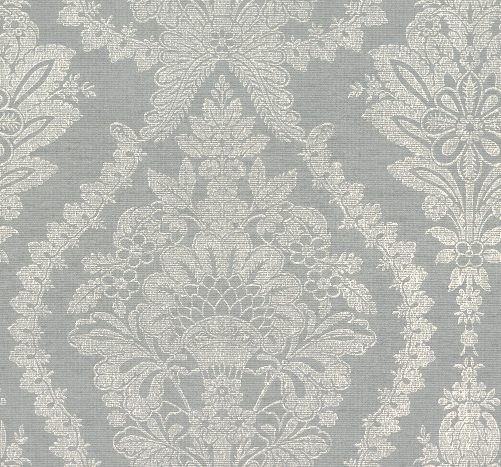 Heritage Damask Silver & Grey Wallpaper by Ronald Redding Handcrafted Naturals Covers about 60.8 square feet 27-in by 27-ft long roll Unpasted 25.25 - Fabric Carolina -
