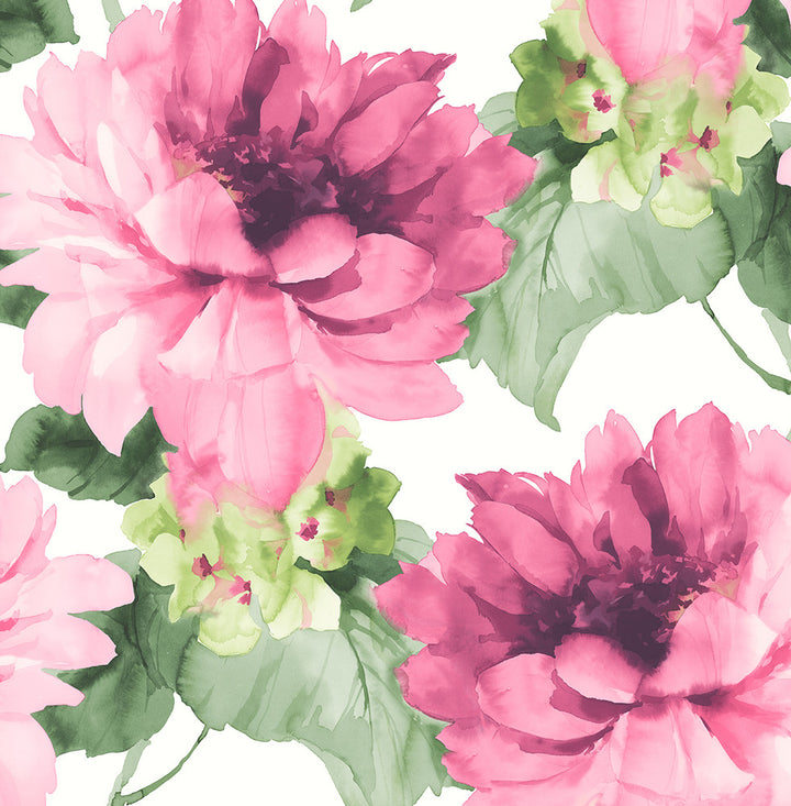 Watercolor Floral Cerise Pink & Evergreen by Seabrook Wallpaper Harry & Grace Peel and Stick United States 30.75 20.87" 20.5" - Fabric Carolina -