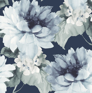 Watercolor Floral Navy Blue & Slate Green by Seabrook Wallpaper