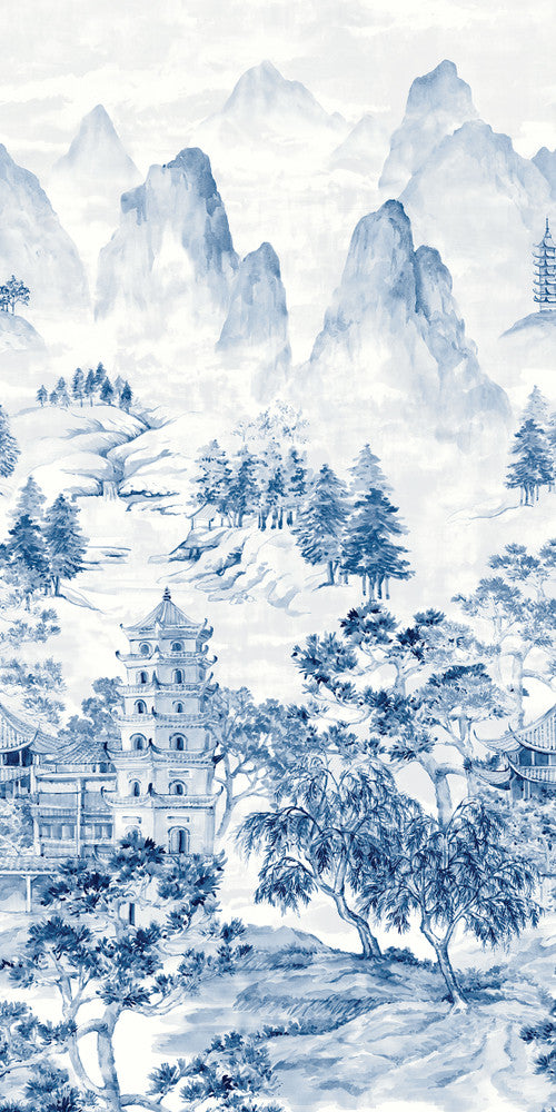 Misty Mountain Scenic Mural Bluestone by Seabrook Wallpaper Harry & Grace Peel and Stick United States 40.5 108" 54" - Fabric Carolina -