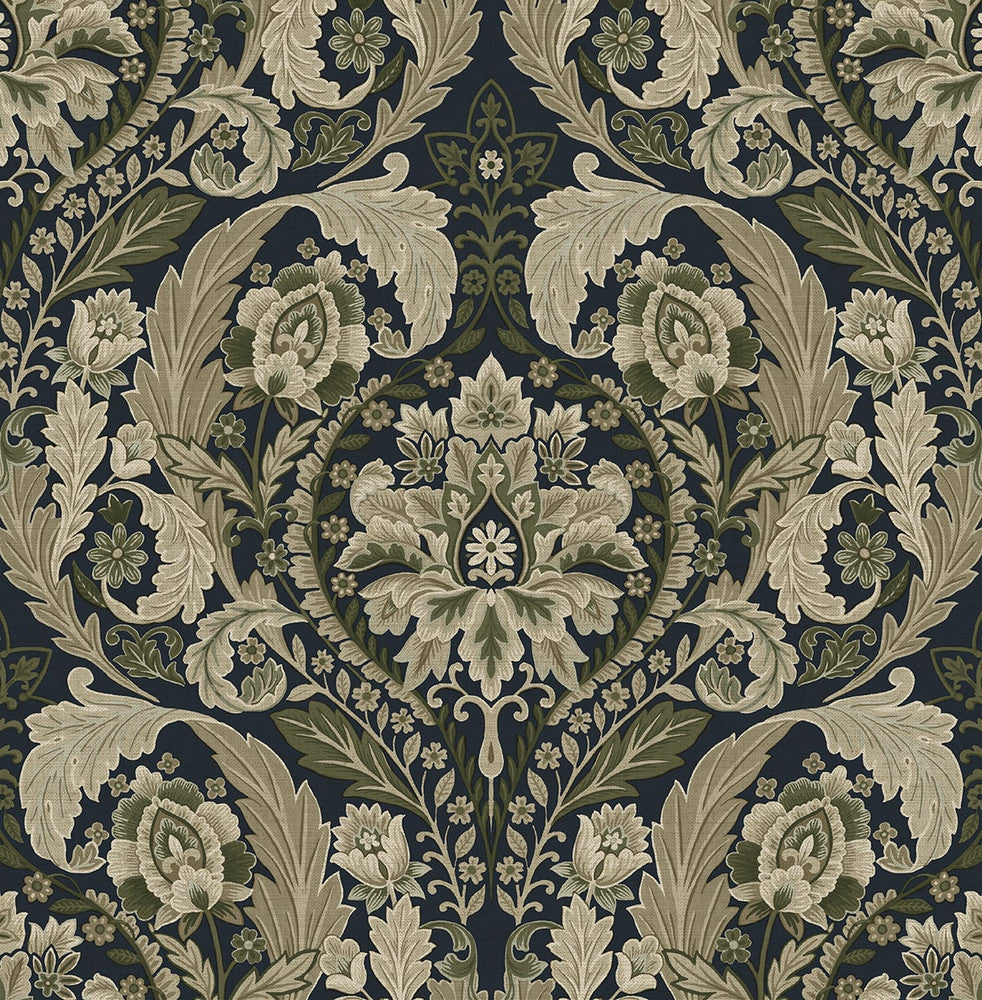 Thornton Vintage Damask Deep Sea by Seabrook Wallpaper Harry & Grace Peel and Stick United States 30.75 20.87" 20.5" - Fabric Carolina -
