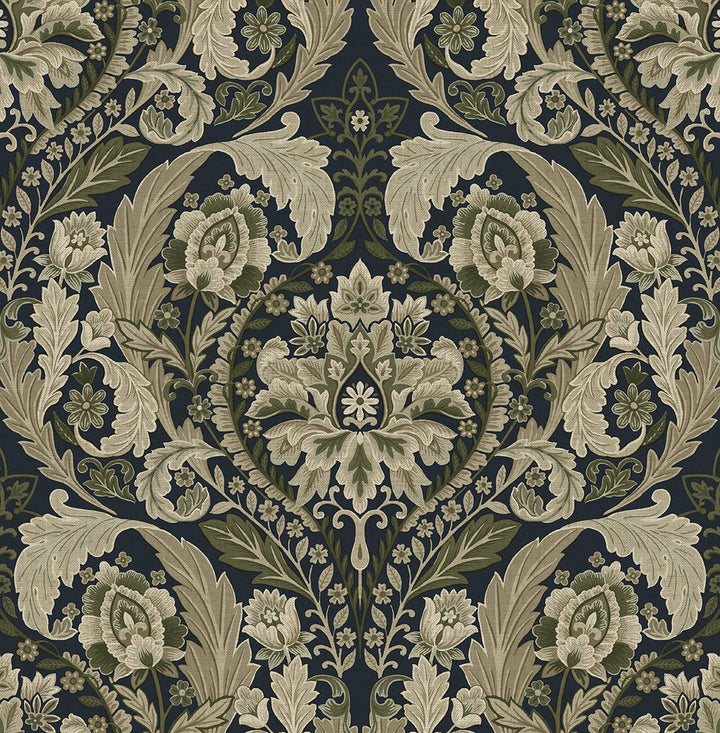 Thornton Vintage Damask Deep Sea by Seabrook Wallpaper Harry & Grace Peel and Stick United States 30.75 20.87" 20.5" - Fabric Carolina -