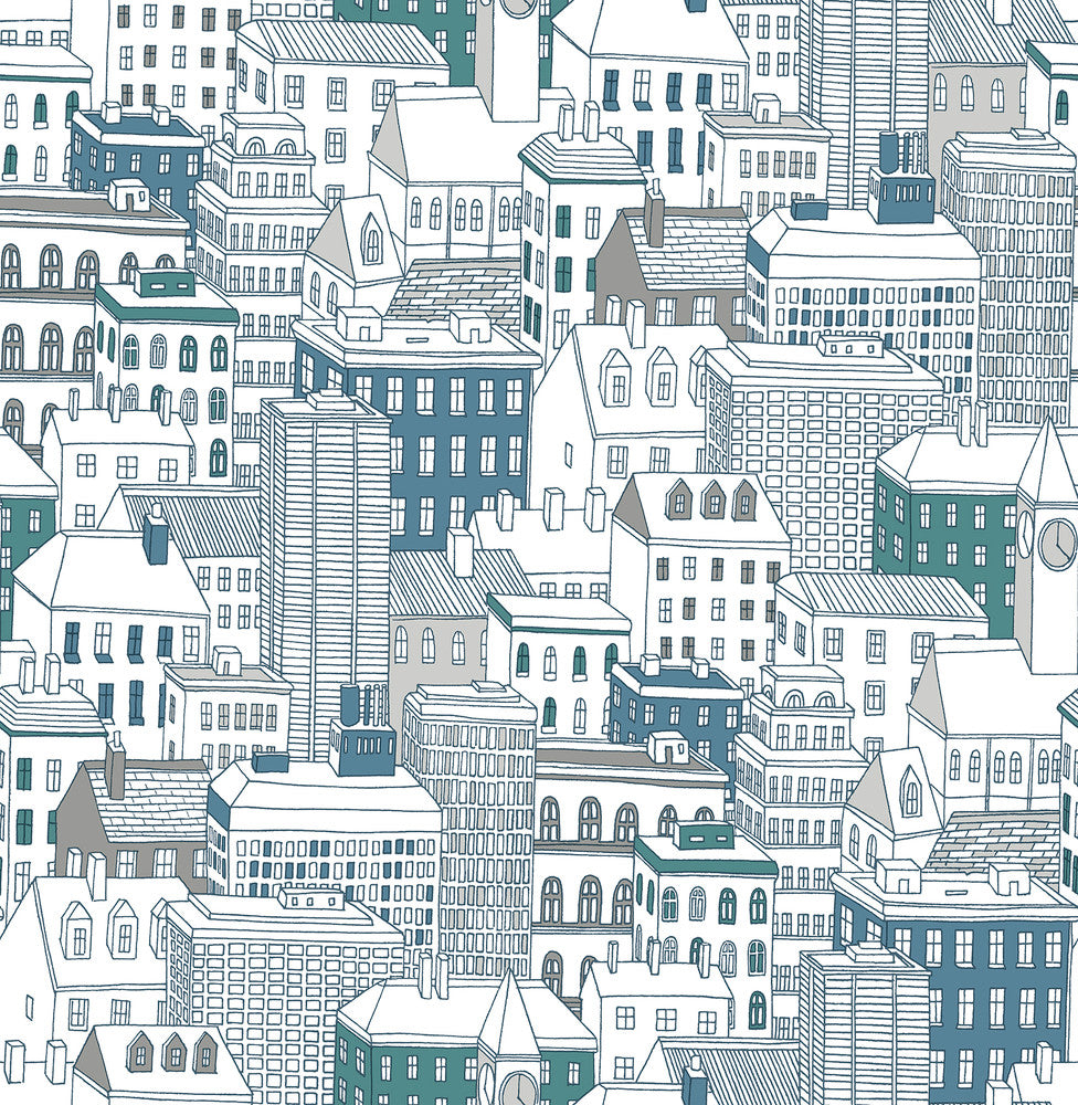 West Teal City Wallpaper by Brewster Brewster Kids Covers about 56.4 square feet 20.5-in by 33-ft long roll Unpasted 21 - Fabric Carolina -