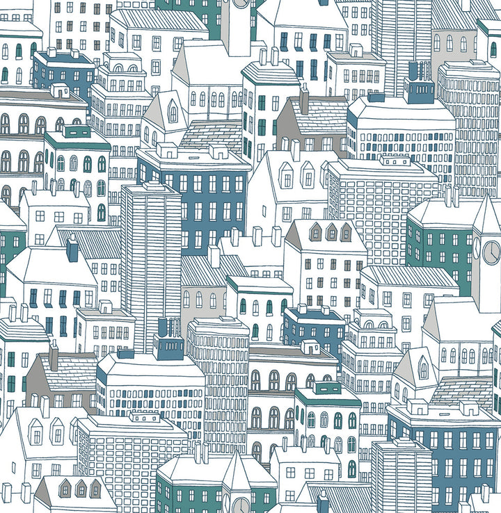 West Teal City Wallpaper by Brewster Brewster Kids Covers about 56.4 square feet 20.5-in by 33-ft long roll Unpasted 21 - Fabric Carolina -