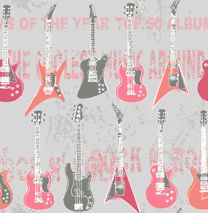 Richards Pink Rock Star Guitar Stripe Wallpaper by Brewster Brewster Kids Covers about 56.4 square feet 20.5-in by 33-ft long roll Unpasted 21 - Fabric Carolina -
