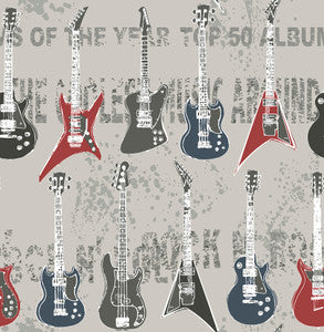 Richards Red Rock Star Guitar Stripe Wallpaper by Brewster